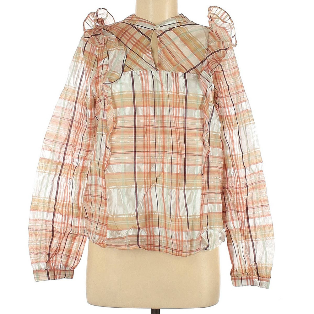 Current Air Anthropologie Silk Blend Plaid Ruffle Pheasant Prairie Polly Blouse